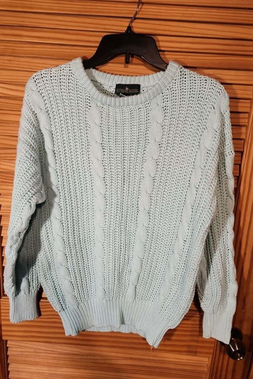 Vintage Boundary Waters Mint Green Cable Knit Cotton Sweater Women's Large Chunk
